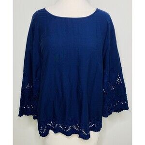 Banana Republic Factory Eyelet Embroidered 3/4 Sleeve Trim Blue Blouse Top Sz XL